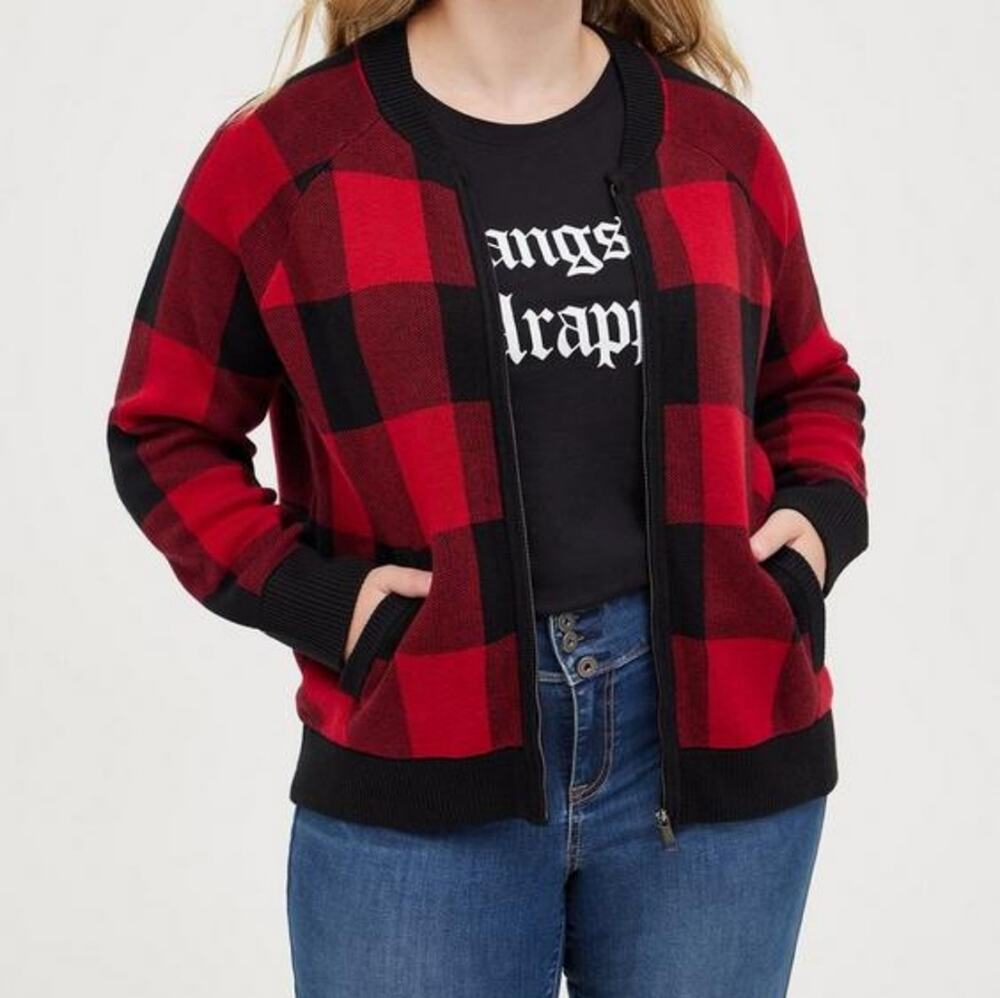Torrid Plaid Zip Up Bomber Sweater Cardigan Womens 1X Red Black Buffalo Check